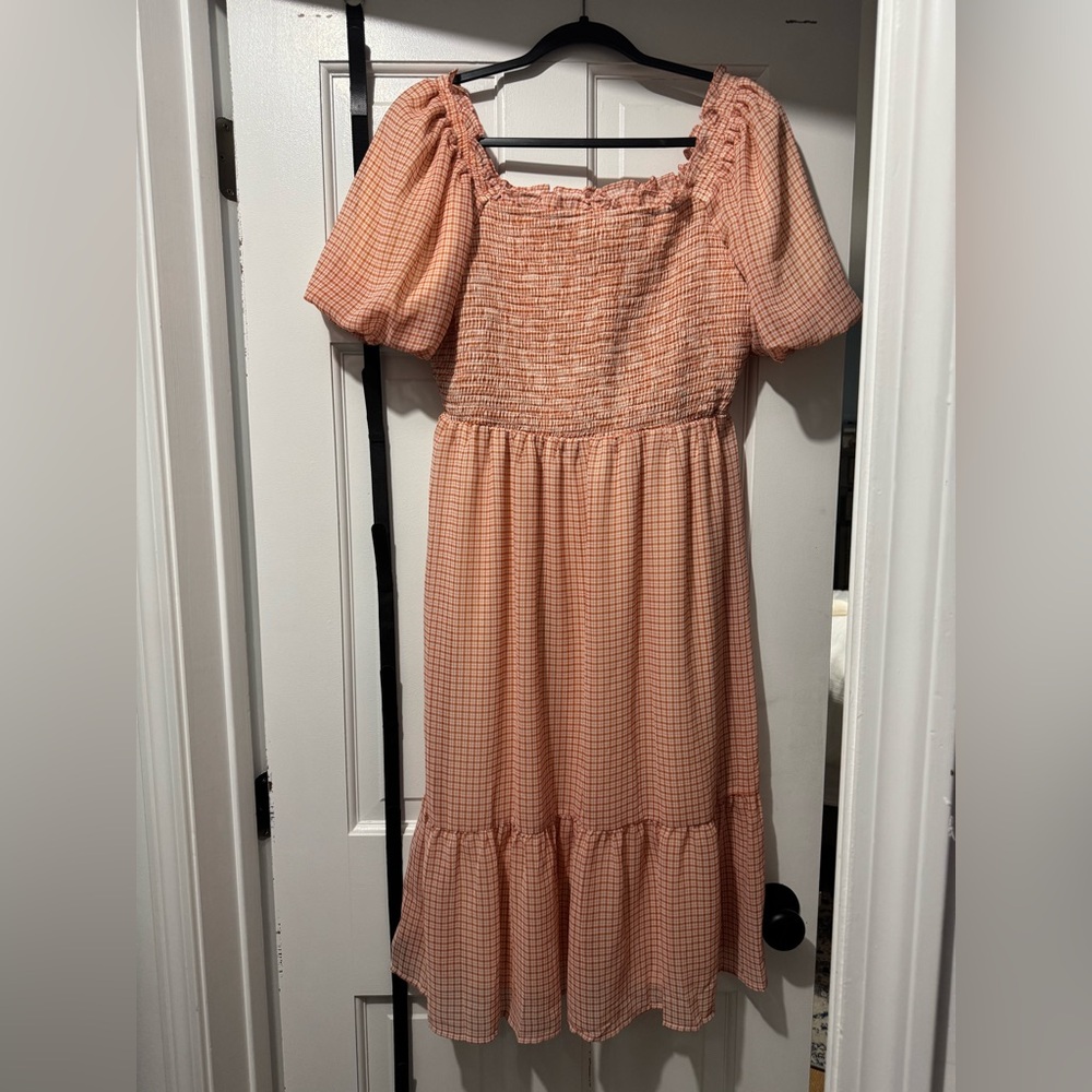 NWT LC Lauren Conrad Orange/Cream Gingham Smocked Midi Sundress
